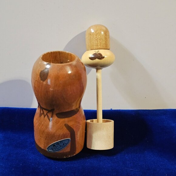 Vintage Japanese Wooden Kokeshi Toothpick Holder With Mustache Design - Picture 7 of 10